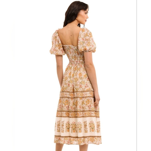 Anthropologie Kindred Shirred Puff Sleeves Midi Dress In Cream Floral Print Sz S - Picture 3 of 9